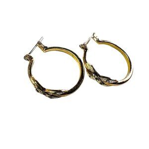 Gold Tone Hoop Earrings With Leaf Design & Latch Back
